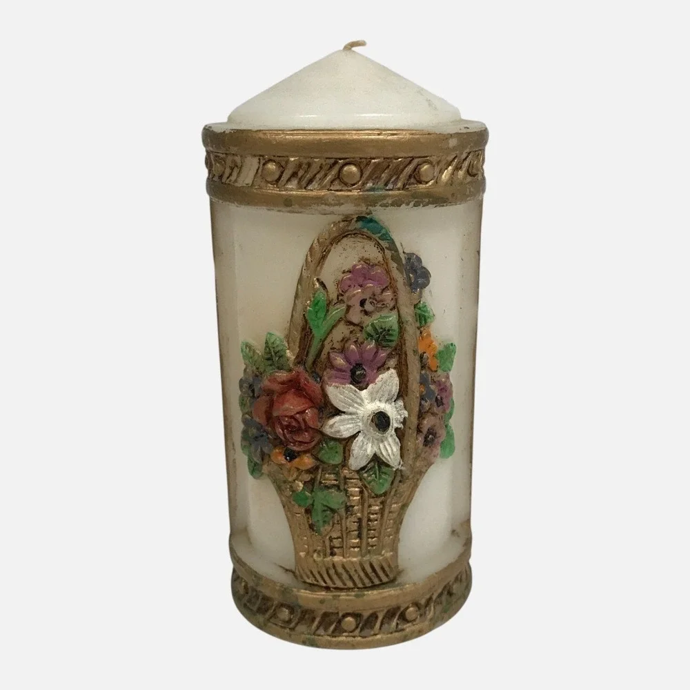 Vintage Floral Basket Relief Pillar Candle Gold Trim Decorative White Wax